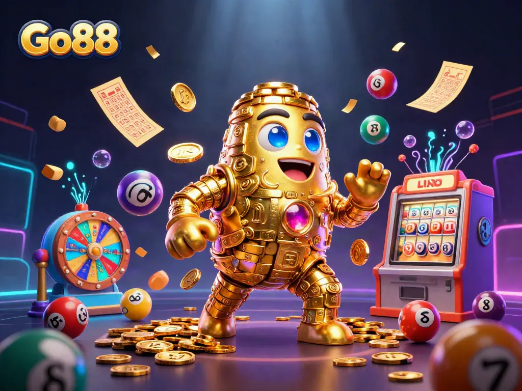 Engage in thrilling gaming with Go88's golden golem amidst vibrant casino elements and lottery excitement.