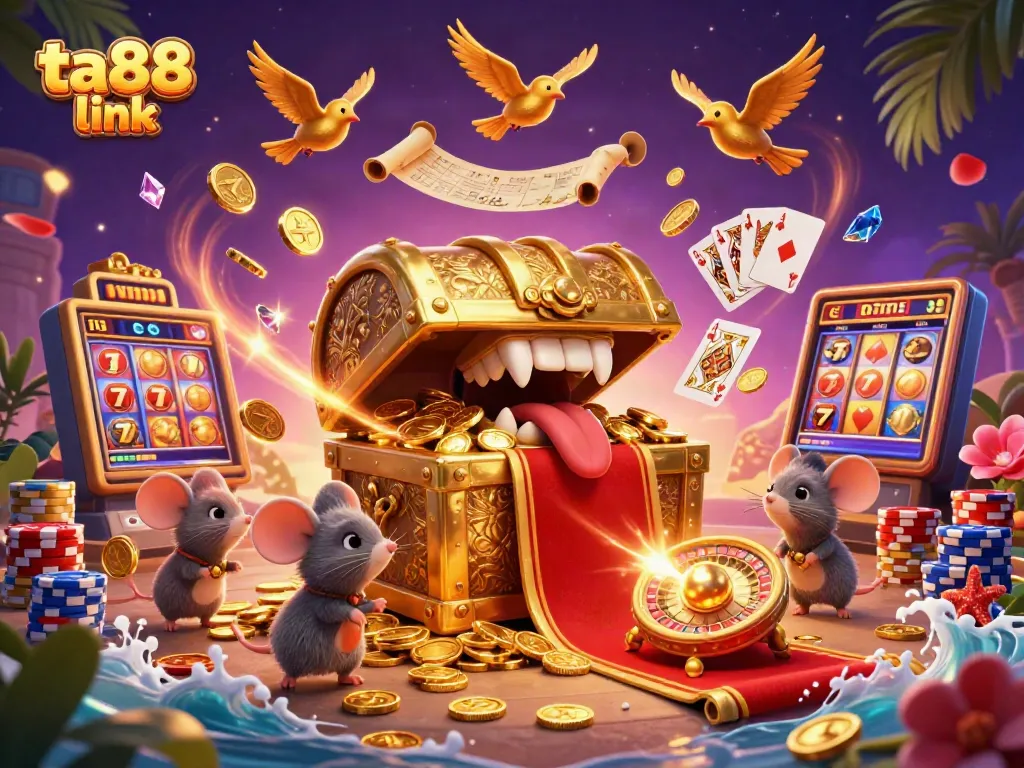 Spin the reels at ta88 link, catching falling coins and jackpot treasures in a vibrant casino scene.