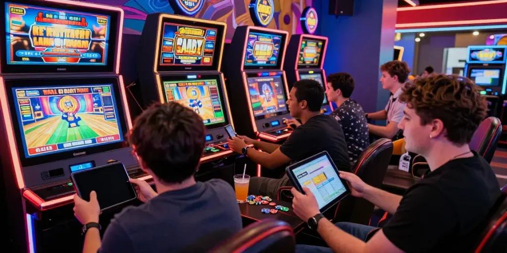 Players thrillingly engaging in a slot gacor game, surrounded by screens and vibrant decor.