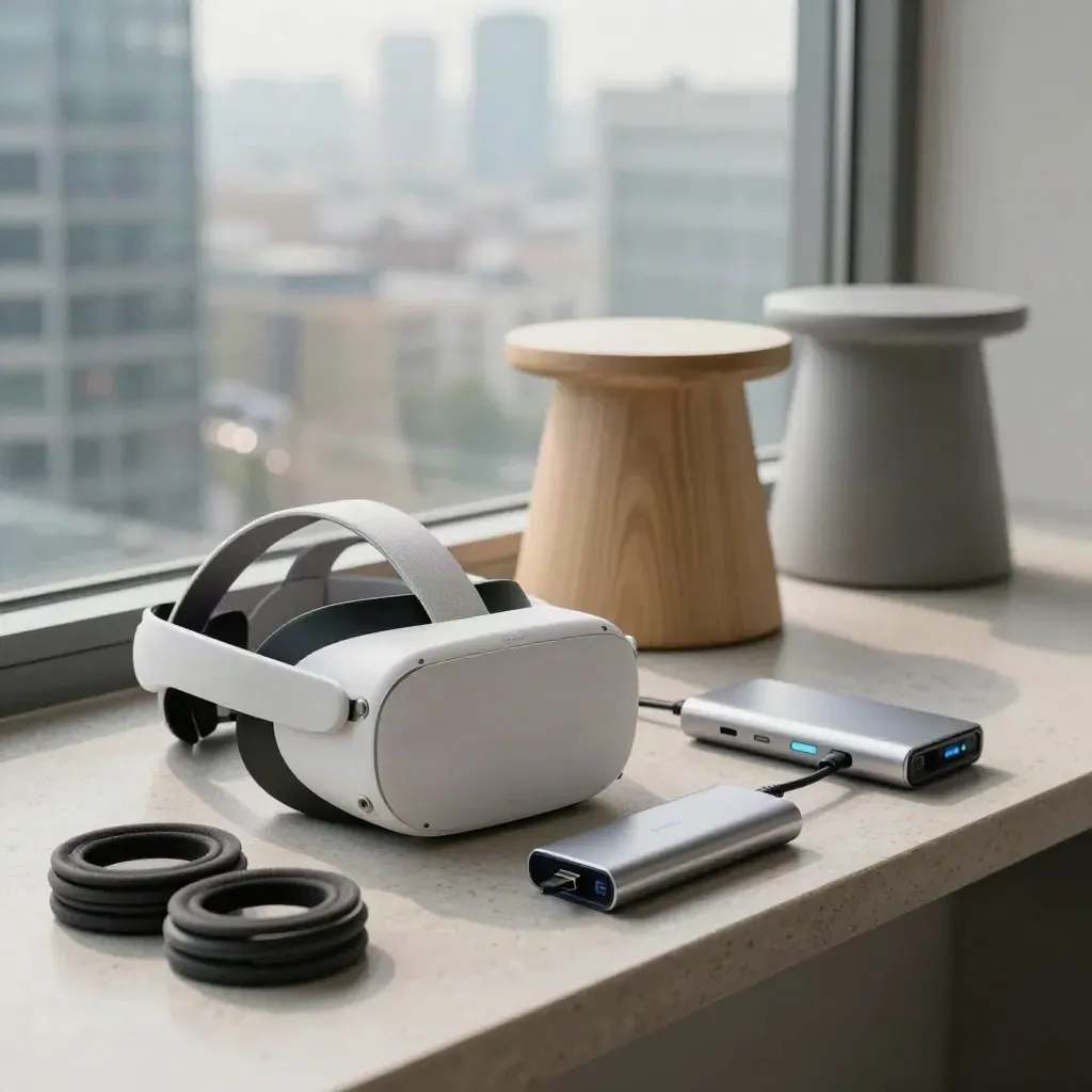 VR zestaw wdrożeniowy przy oknie biura: gogle, pady, hub, router i dwa neutralne stołki.