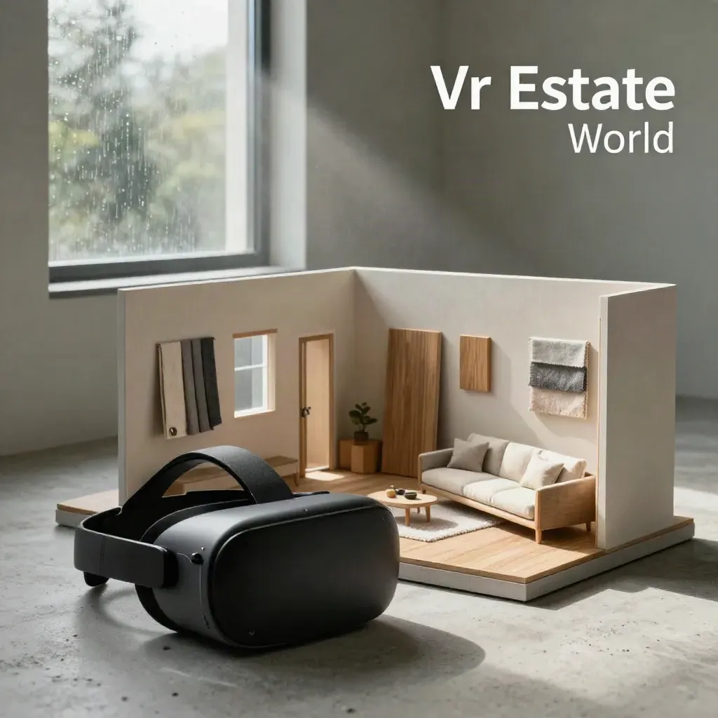 Czarny headset VR przy makiecie mieszkania, próbki podłogi i tkanin, filmowe światło.