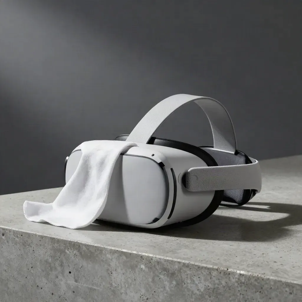 Gogle VR, zapasowa poduszka, ściereczka i stacja ładowania na betonowym blacie.