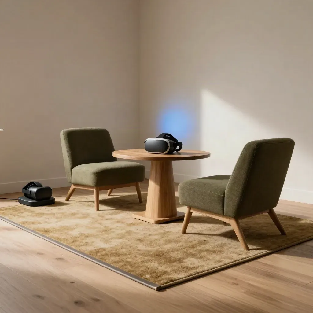 Showroomowe mini salon z dockiem VR, stołem i krzesłami prowadzącymi przez spacer 3D.