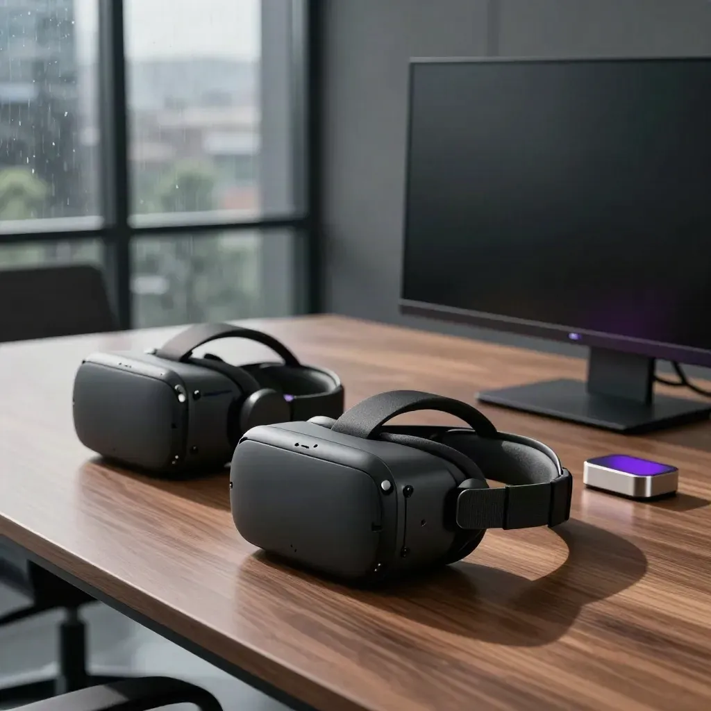 Dwa gogle VR na stole konferencyjnym obok ciemnego monitora i zapasowych padów