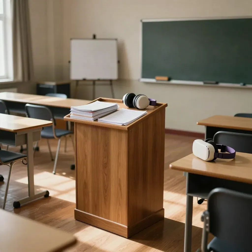 Pusta sala seminaryjna z goglami i materiałami lekcyjnymi na pulpicie