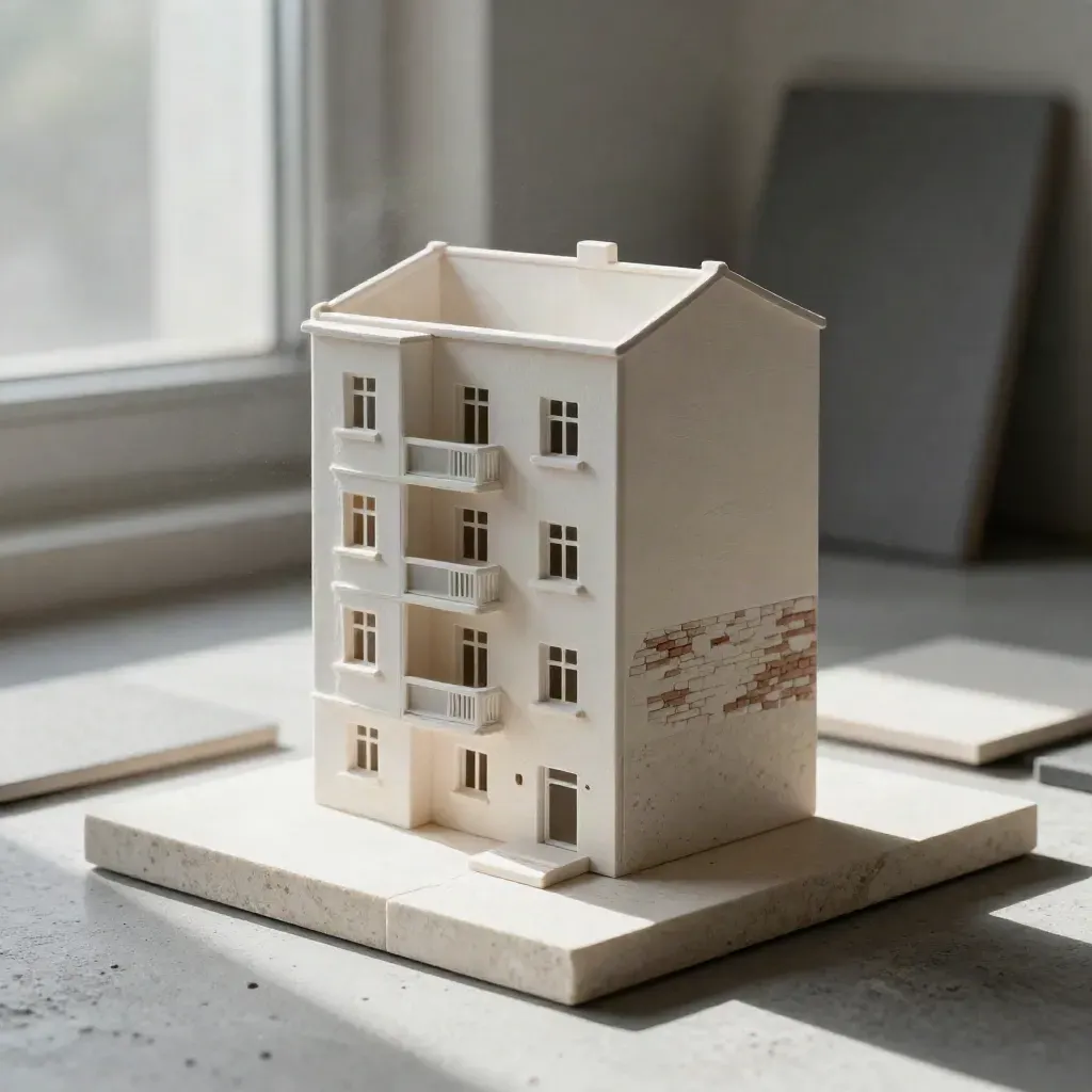 Model apartamentu w Krakowie na kamiennym postumencie z próbkami elewacji i cegłą.