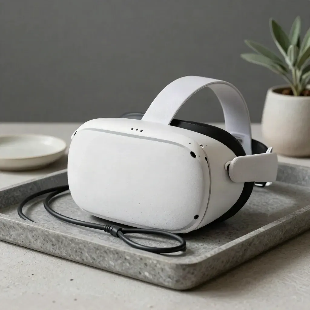 Okulary VR, kabel, ceramiczna miseczka i roślina na kamiennej tacy.