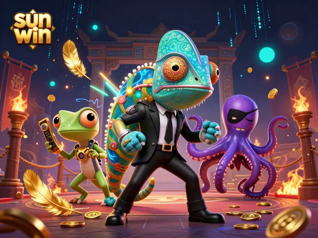 Experience the thrill of gaming with sun win's dynamic gambling scene featuring colorful characters.