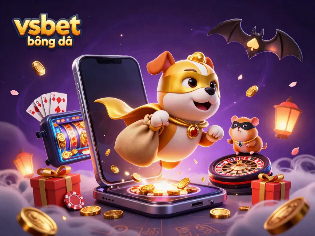 Experience the excitement of vsbet bóng đá with a flying superhero dog and gold coins.