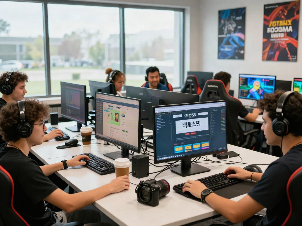 Group of online gamers discussing 먹튀스팟 safety tips in a modern workspace