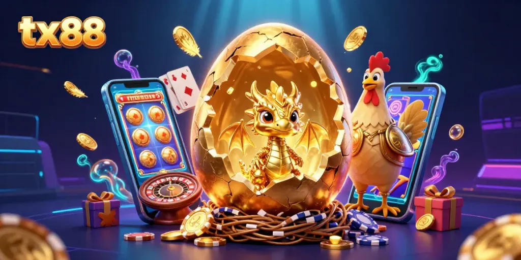 Experience the enchanting world of tx 88 with a baby dragon amidst golden poker chips and vibrant game elements.