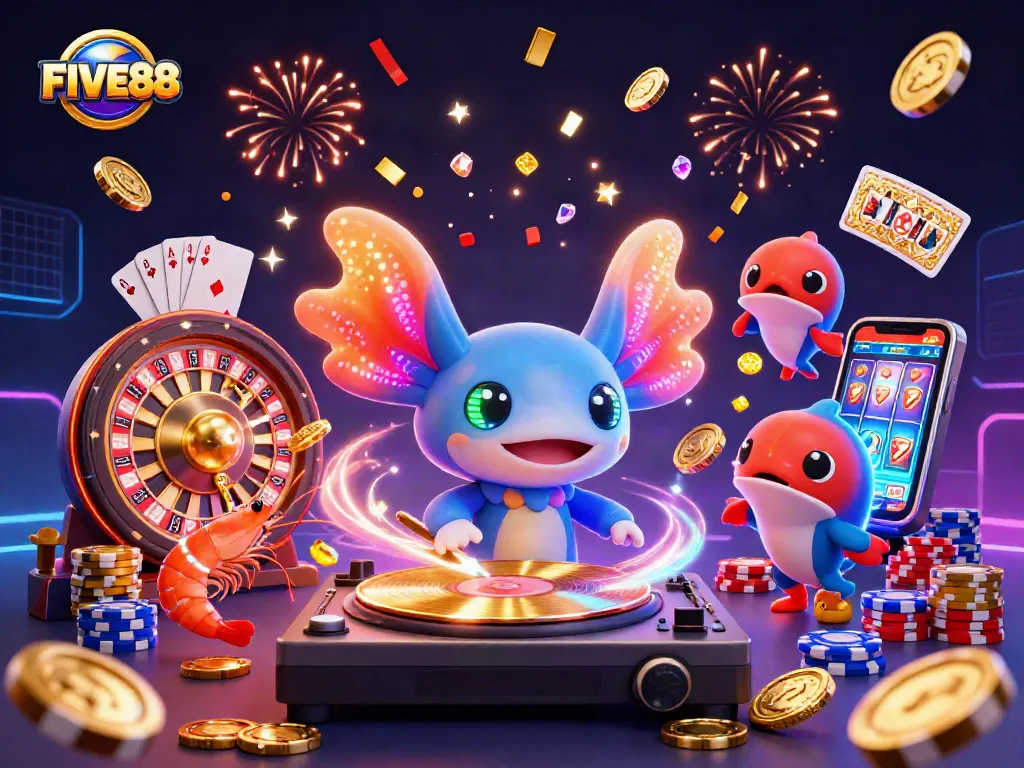 Experience the thrill of gambling at FIVE88 with vibrant visuals of slots, roulettes, and neon characters.