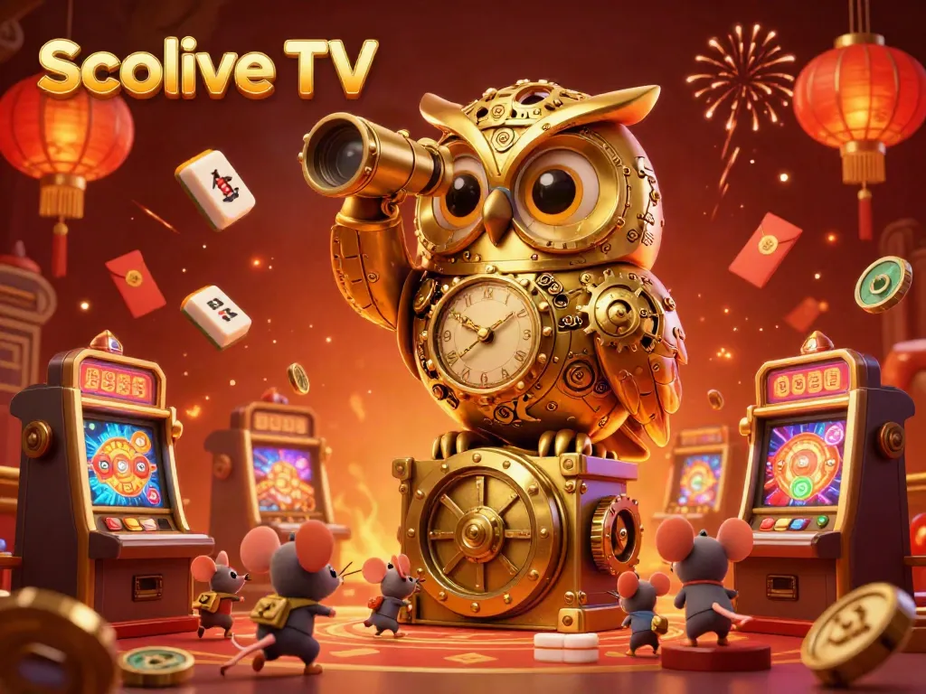 Socolive TV offers a vibrant casino experience with a golden owl observing excited mouse patrons amidst lively slot machines.