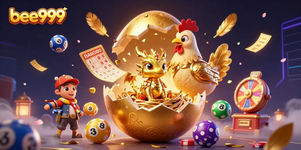 Engage with bee999's thrilling cartel visuals featuring dynamic lottery elements, golden characters and exciting casino symbols.