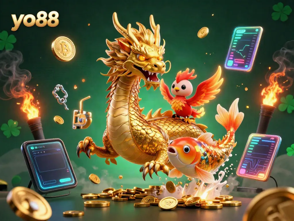 Experience the captivating world of yo88 with a fierce dragon and vibrant casino elements.