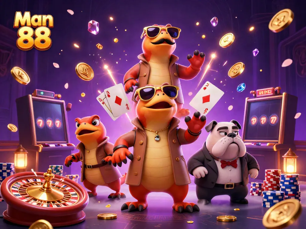 Man 88 cartoon scene featuring raptors and a bulldog in a busy casino atmosphere.