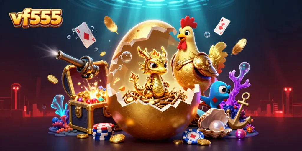 Experience the vibrant vf555 gaming world featuring captivating golden creatures and treasure.