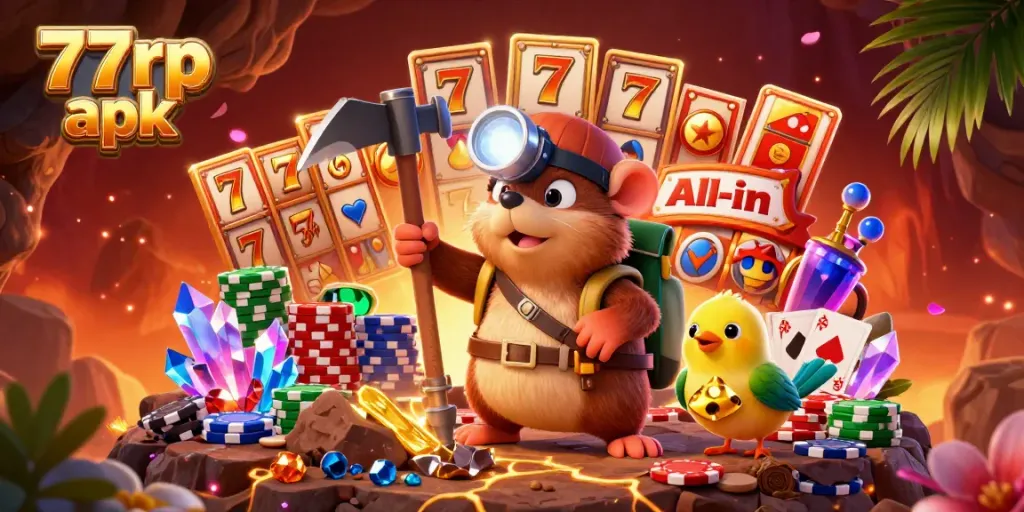 Engaging scene of 77rp apk, showcasing a treasure hunter mole mining in a vibrant casino cave.