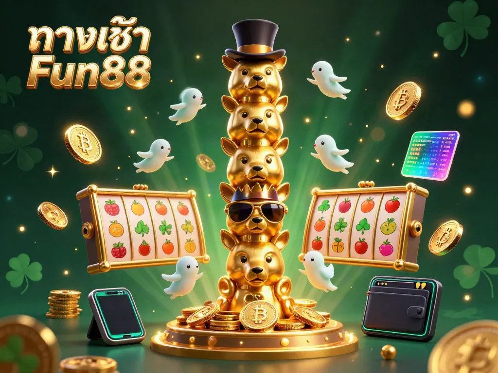 Enter the vibrant world of ทางเข้า Fun88 with our captivating casino-themed illustration showcasing a golden totem and gaming elements.