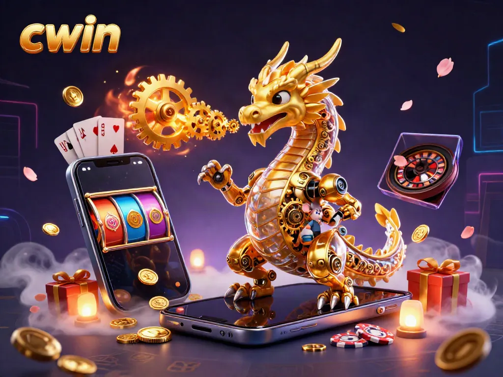 Cwin elevates your gaming experience with a vibrant 3D scene featuring a golden dragon, casino elements, and dynamic action.