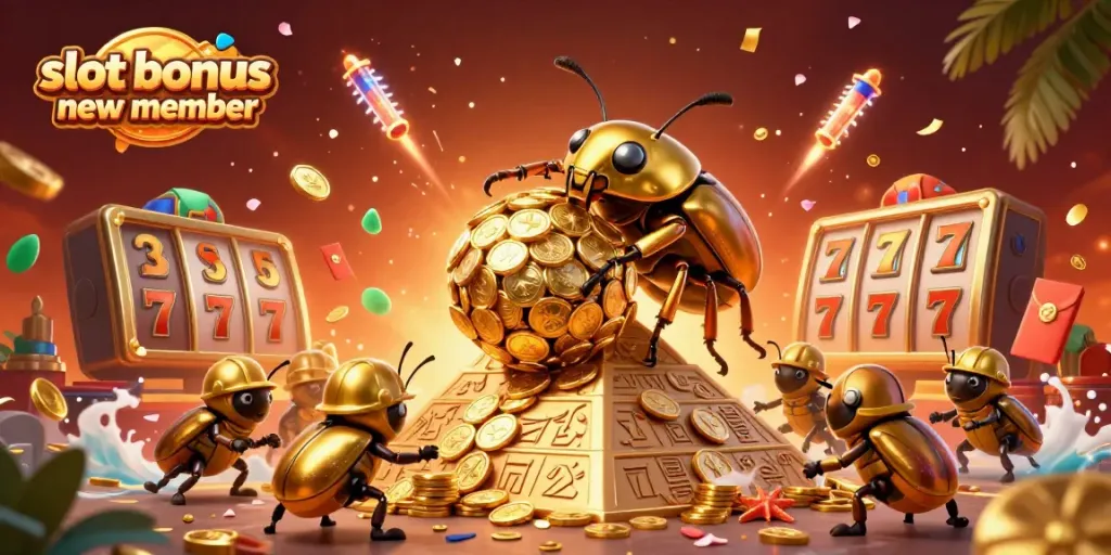 Engage in exciting gaming action with the slot bonus new member, featuring vibrant golden beetles and casino symbols.