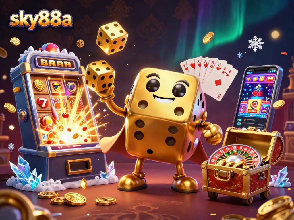 Experience thrilling slots and games at sky88a with a magical casino illustration featuring dynamic characters.