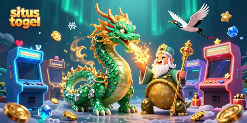 Engage in situs togel with the emerald jade dragon and turtle sage amidst a vibrant casino scene.