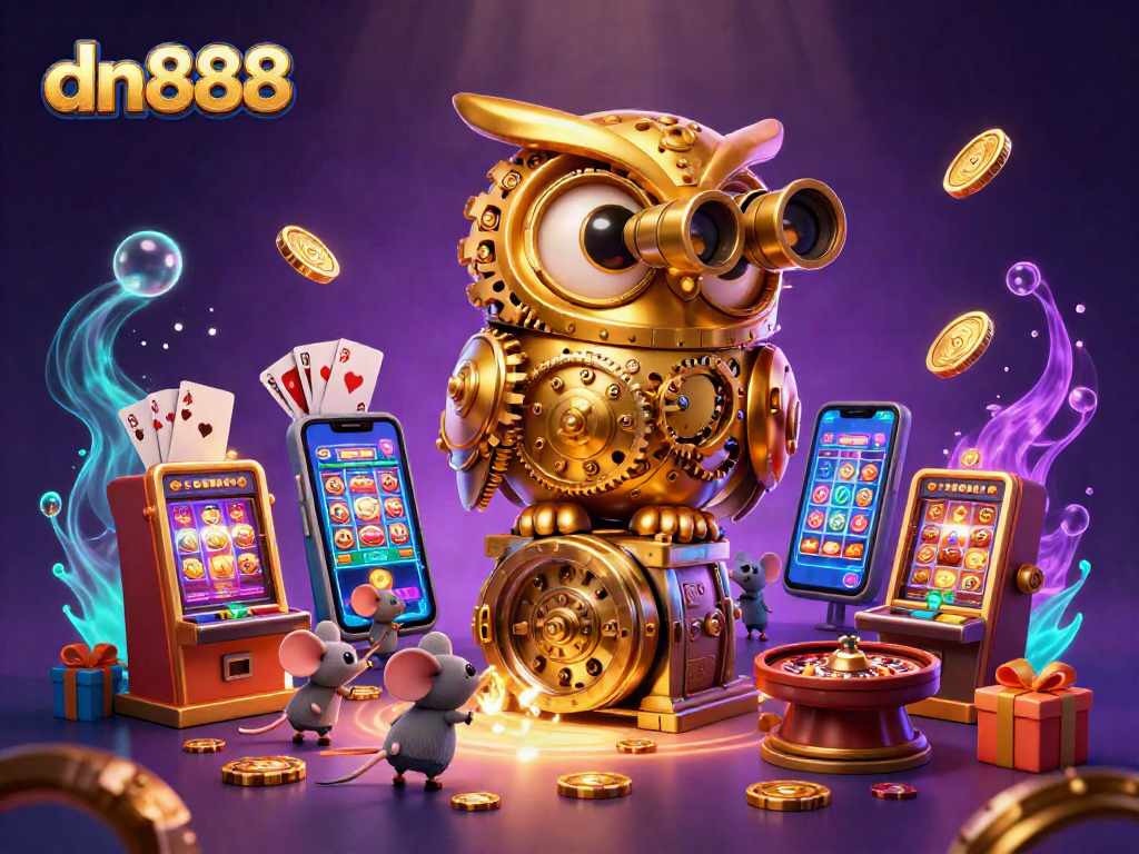 Spin the reels with dn888's vibrant casino scene featuring a golden owl and playful mice.