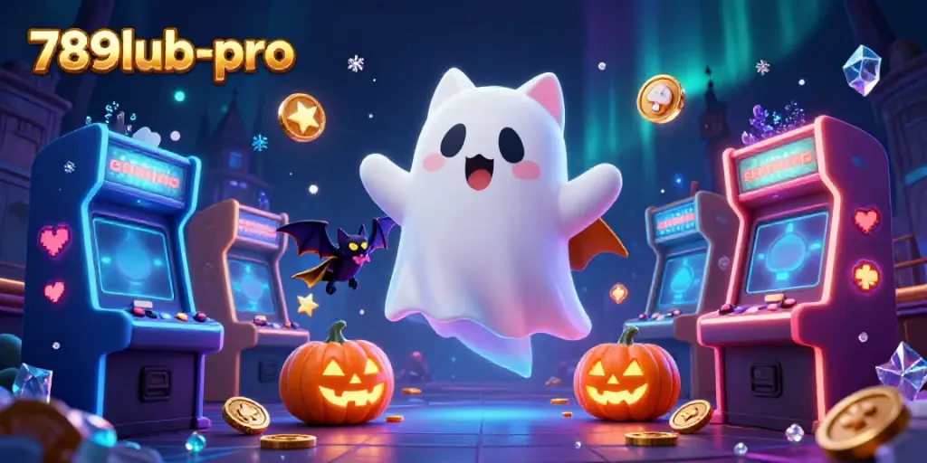 Experience thrilling gaming at 789lub-pro, featuring a ghost cat and glowing casino ghosts.