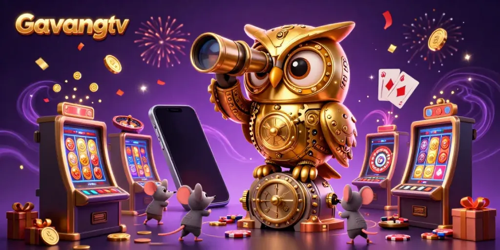 Experience dynamic betting excitement with Gavangtv as a golden owl surveys a bustling casino scene.
