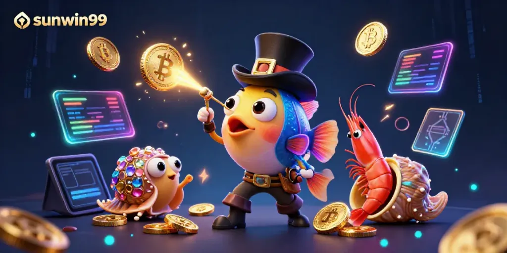 Experience thrilling gameplay at sunwin99 with vibrant characters and glowing cryptocurrency elements.