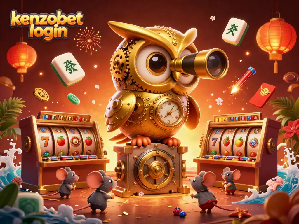 Engage with Kenzobet login for exciting casino adventures featuring a vibrant owl and classic slot machines.