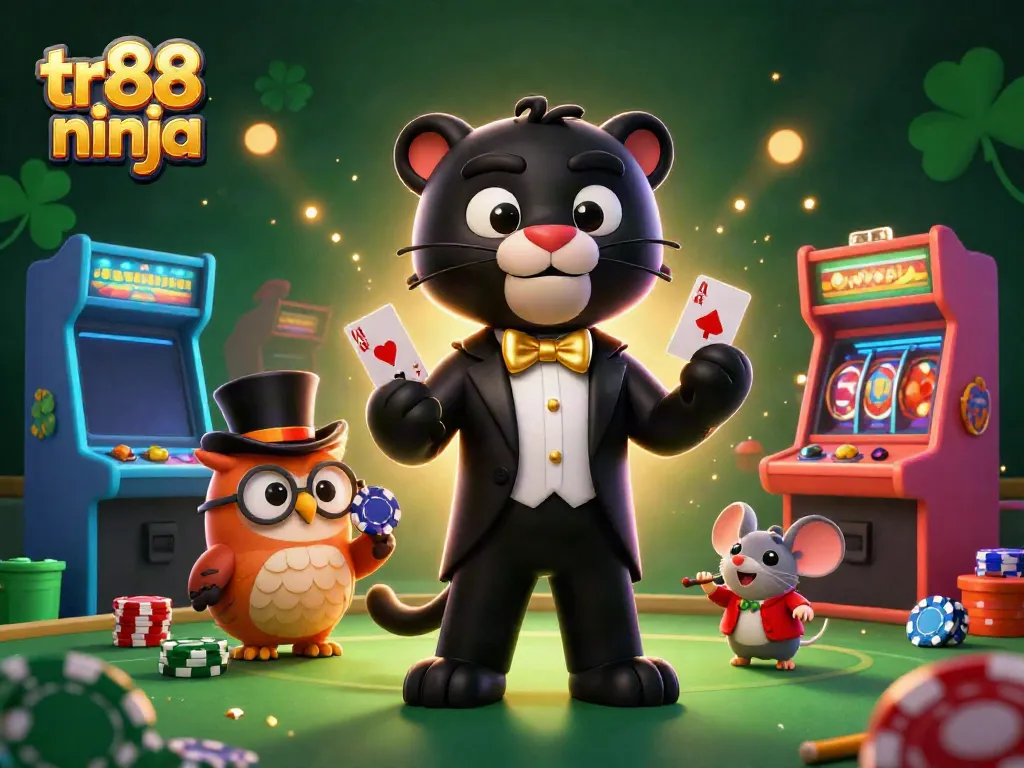 Engage in thrilling casino action with tr88 ninja as a tuxedo-clad panther deals cards in a vibrant, game-filled atmosphere.
