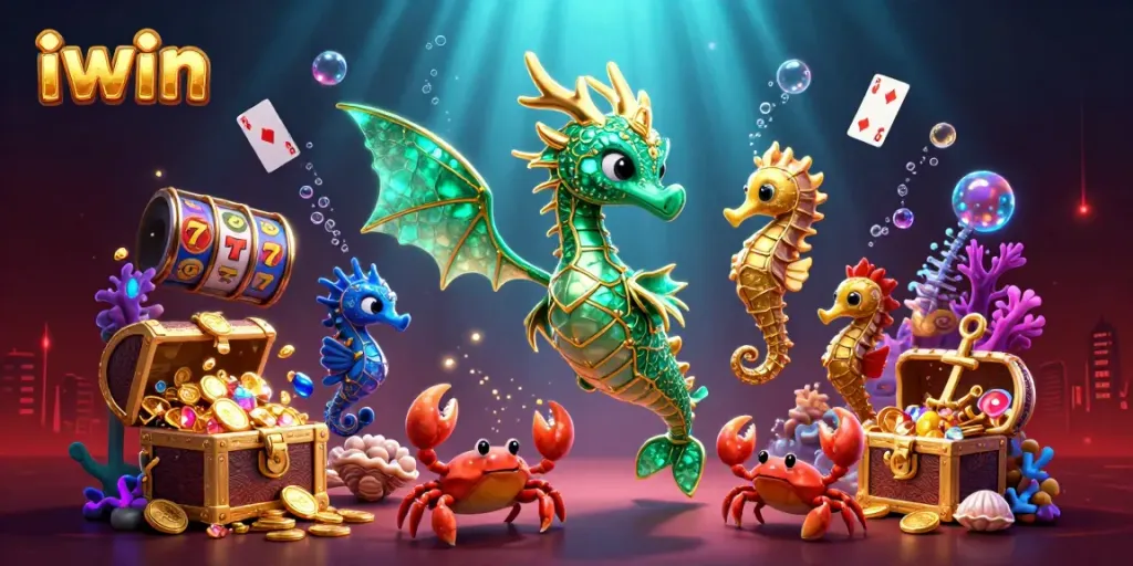Engage with IWIN's vibrant casino world through a dynamic underwater scene featuring a leafy sea dragon, floating slot reels, and treasure chests.