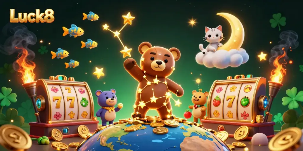 Experience excitement at Luck8, where golden coins rain down from a celestial bear against a lively casino backdrop.
