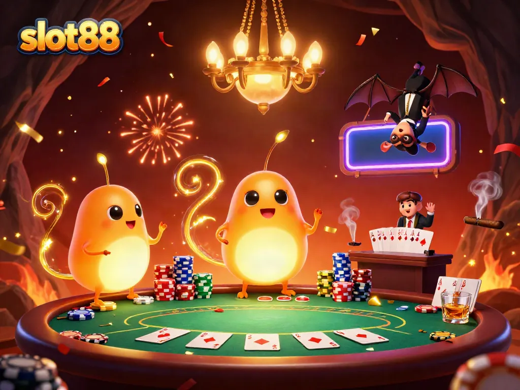 Spin the reels with slot88 in a vibrant cave casino, illuminated by glowworms and featuring colorful poker chips.