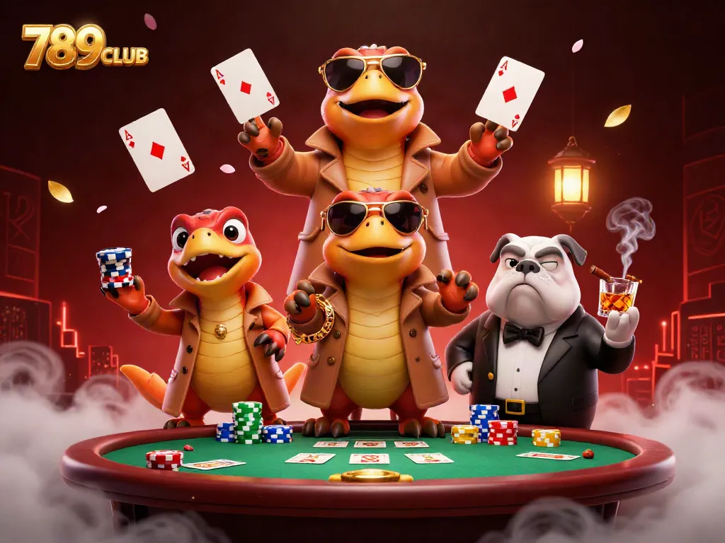 Experience thrilling gameplay at 789CLUB amidst vibrant casino elements, raptors in disguise, and rich illustrations.
