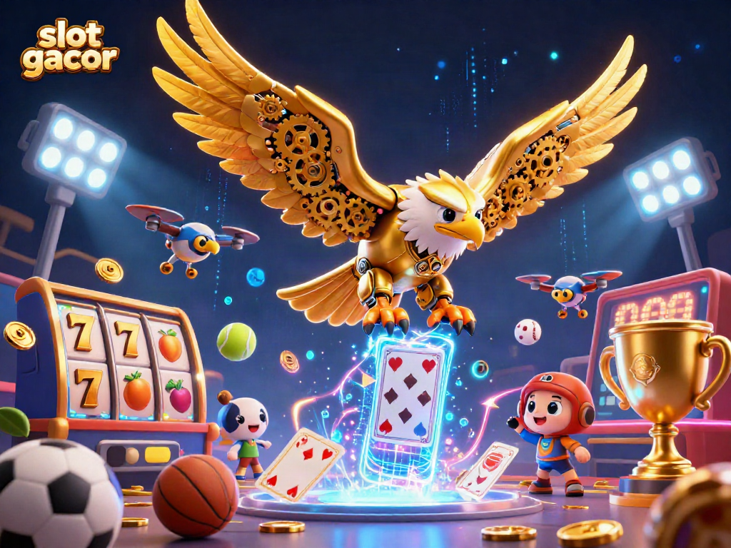 Engaging slot gacor scene with a cybernetic eagle and dynamic game elements for gambling fans.