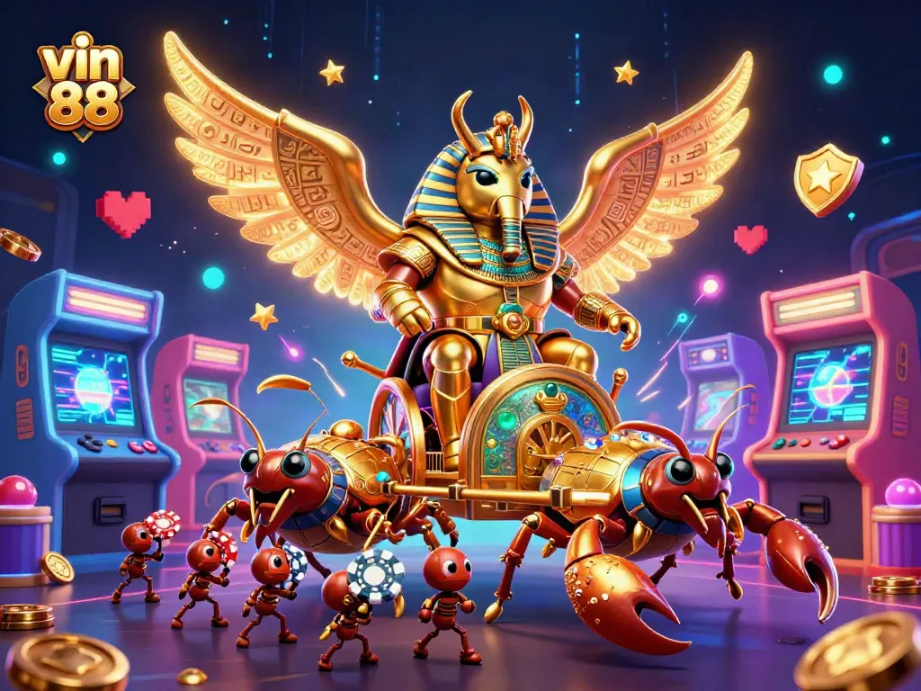 Experience thrilling gameplay at vin 88 with a vibrant 3D casino adventure featuring golden scarabs and scorpions.