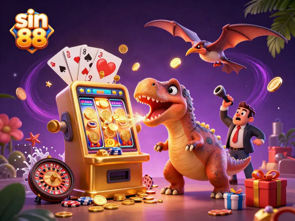Earn jackpot winnings with sin 88 in this vibrant 3D casino scene featuring colorful slot machines.