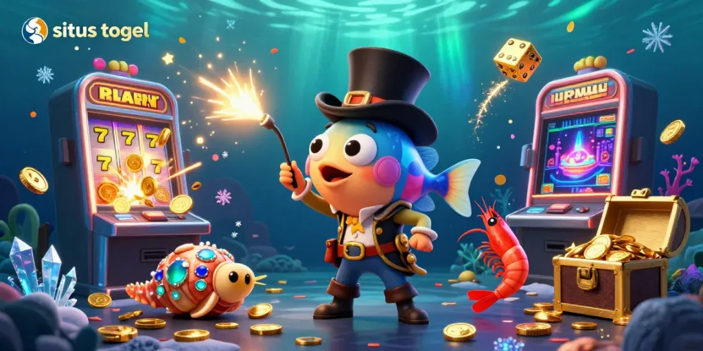 Experience situs togel excitement as a glowing anglerfish attracts gold coins with its lure.