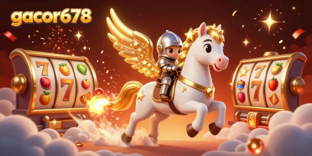 Experience the excitement of gacor678 with spinning slot reels and a mystical horse in this vibrant casino illustration.