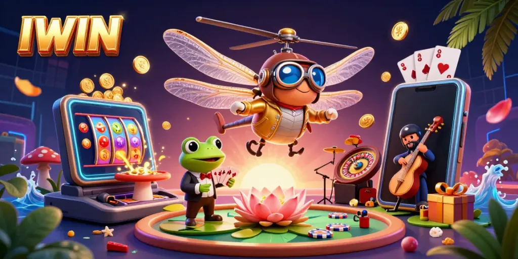 IWIN engages players with a vibrant casino scene featuring a dragonfly pilot, a frog dealer, and lively musicians