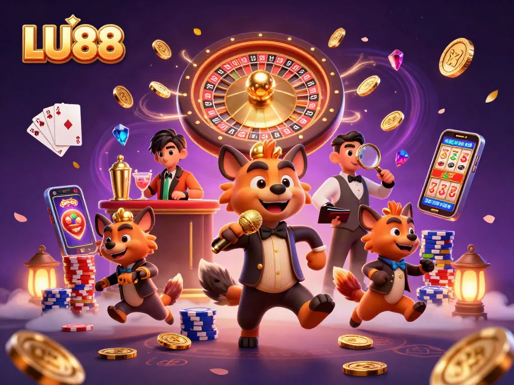 Join the fun at LU88 with hyenas in a vibrant casino scene, showcasing high-stakes gaming action.