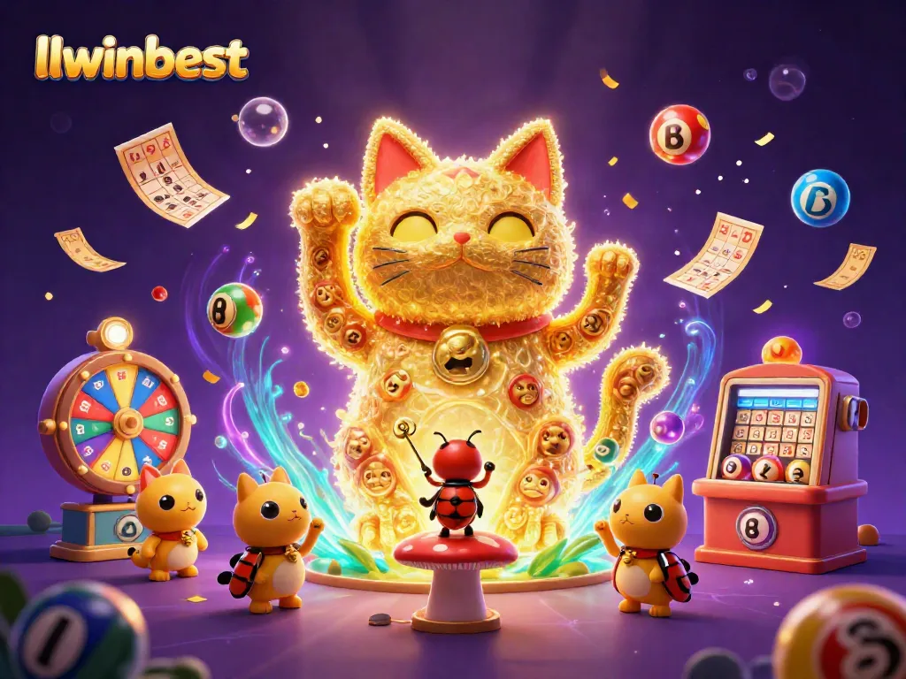 Engage with llwinbest through a magical scene of colorful casino activities with a lucky cat symbolizing fortune.