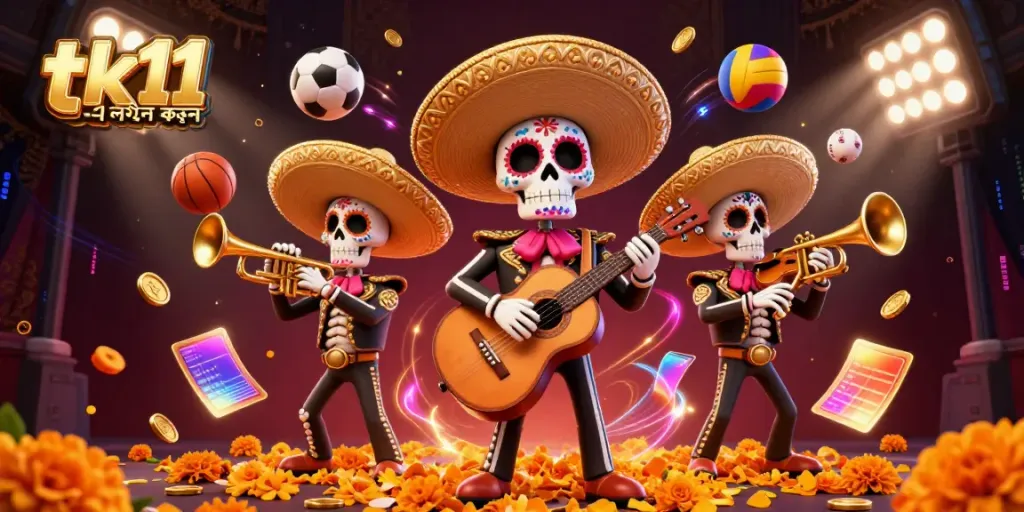 Join the excitement at tk11 -এ লগইন করুন with vibrant mariachi skeletons amidst dynamic sports elements.