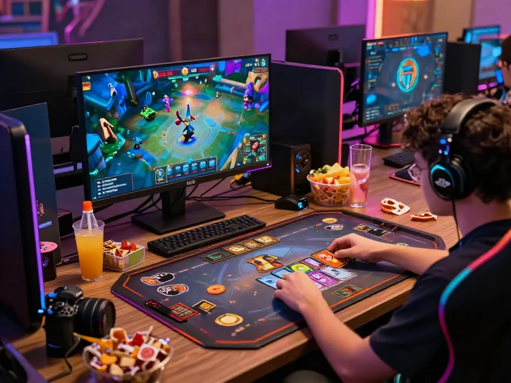 Engaged player in cổng game sunwin surrounded by colorful game graphics.