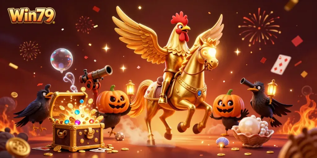 Win79 presents an enchanting casino scene with a golden rooster riding through a midnight setting, capturing excitement and rewards.