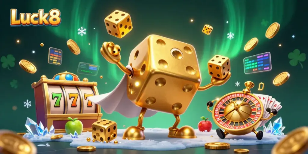 Experience the thrill of Luck8 with dynamic slots, golden coins, and animated dice in this vibrant scene.