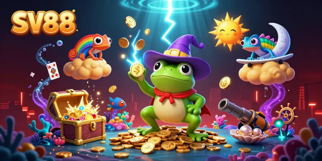 Experience the thrill of SV88 with a 3D wizard frog amidst gold coins and dynamic casino elements.